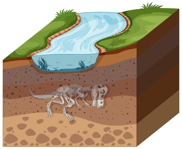 Бесплатное векторное изображение Слои почвы с окаменелостями динозавров