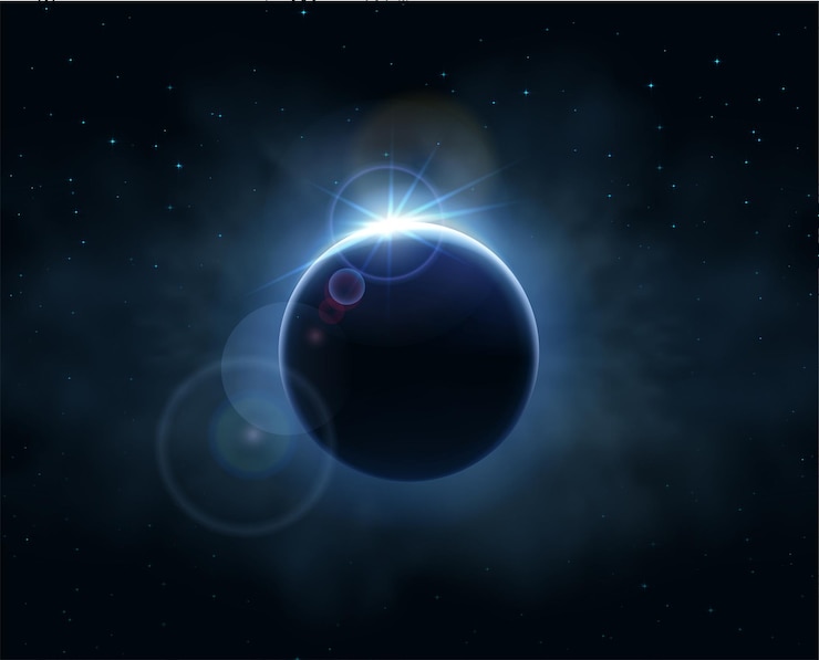 Free Vector solar eclipse on dark background with space dust and sun beams vector illustation