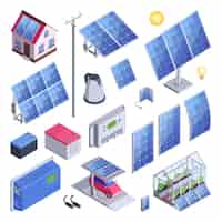 Бесплатное векторное изображение Набор цветов солнечной энергии для эко-дома и теплицы с контроллером счетчика солнечных батарей, электромобиль, изолированные иконки, векторная иллюстрация