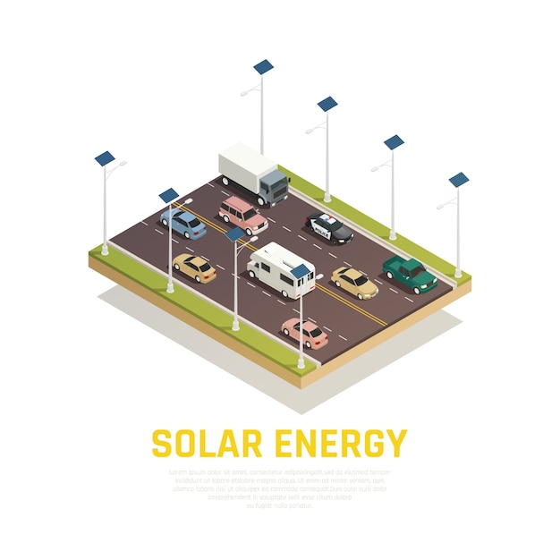 자동차 배터리 및 도로 아이소 메트릭 태양 에너지 개념