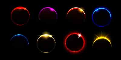 Бесплатное векторное изображение Свет затмения солнечной планеты и эффект бликов на восходе солнца. абстрактные круги на краях земли или луны, изолированные таинственными закатными лучами. внешнее пламя во вселенной иконка на черном фоне.