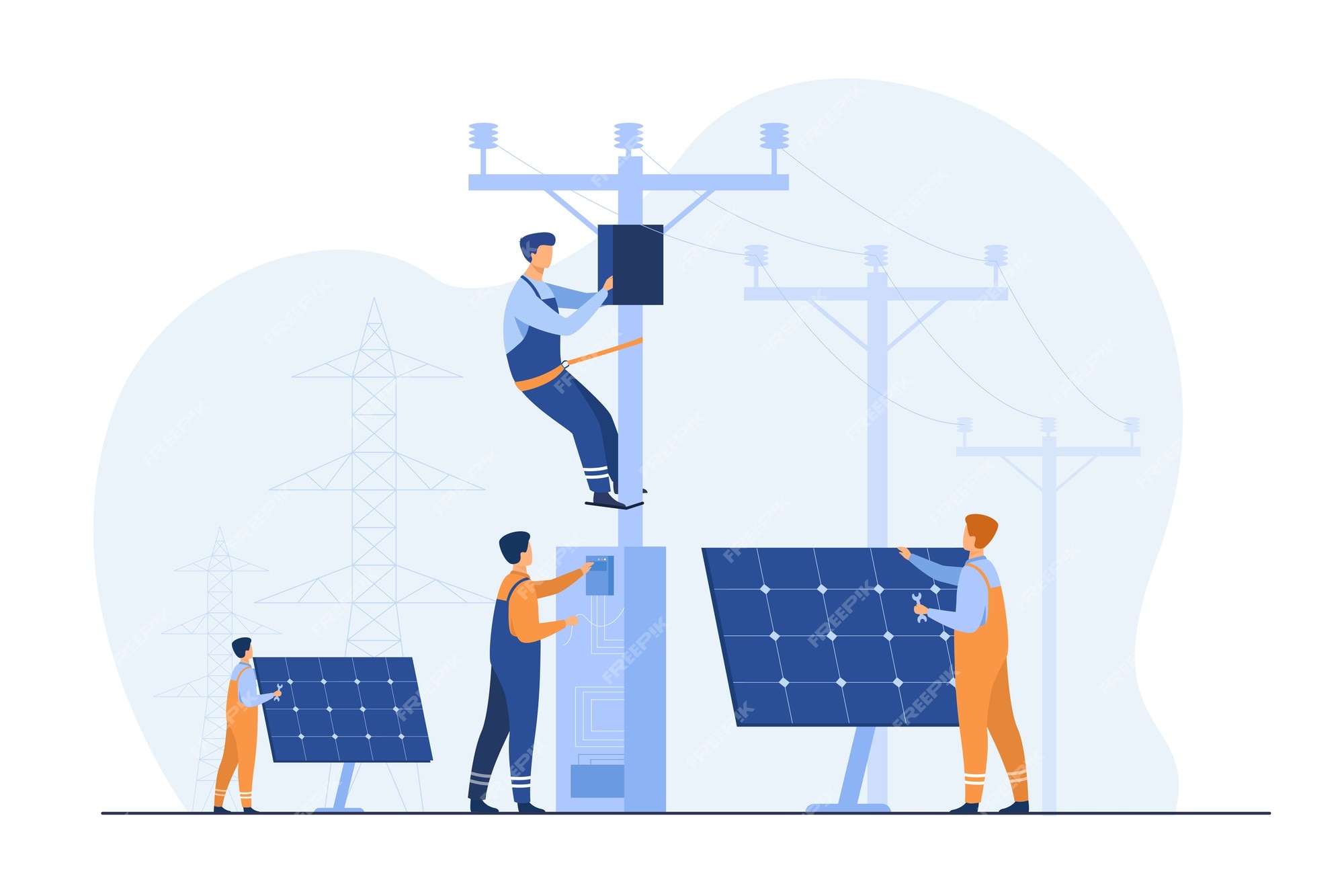 Free Vector | Solar power plant maintenance. utility workers repairing electric installations, boxes on towers under power for electric network operation, city service, renewable energy