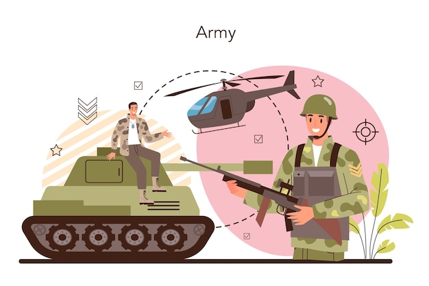 兵士の概念武器でカモフラージュの軍隊の従業員軍の装備と技術戦争戦略と戦術孤立したフラットベクトルイラスト