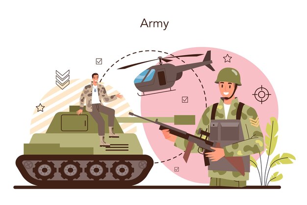 군인 개념 무기 육군 장비 및 기술 전쟁 전략 및 전술 격리 평면 벡터 일러스트와 함께 위장에 군대 직원