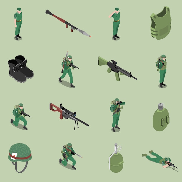 Солдат экипировка изометрический набор шлем бронежилет винтовки ботильоны солдат кувшин изолированные иконы