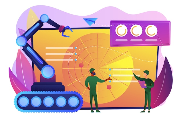 Soldati al radar che intendono utilizzare il robot per azioni militari. robotica militare, macchinari militari automatizzati, concetto di tecnologie robotiche militari. illustrazione isolata viola vibrante brillante