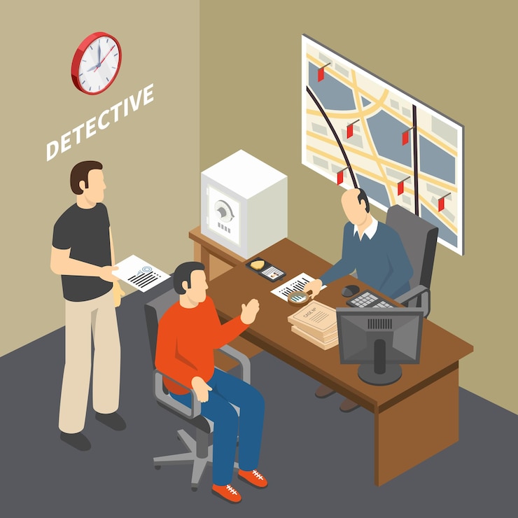 Free Vector solving crime investigator collecting information talking to witness in law enforcement agency detectives office isometric