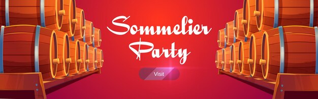 Sommelier party banner with wine barrels on red