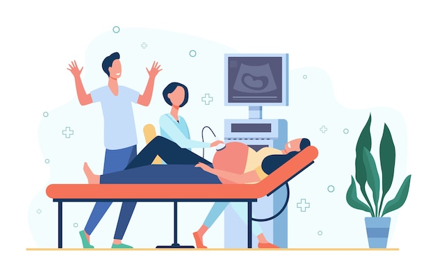 Sonographer doctor examining pregnant woman, scanning abdomen, using ultrasound scanner. vector illustration for care pregnancy, gynecology, medical examination concept