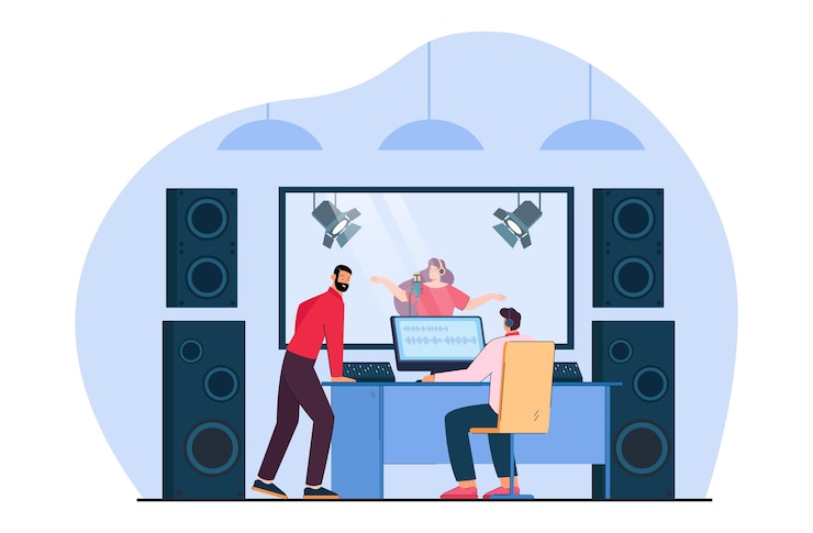 Free Vector sound engineers recording song of woman in studio control room. persons sitting at desk with computer and equipment for soundtrack record flat vector illustration. audio production, music concept