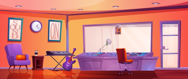 Free vector sound recording studio with synthesizer guitar and professional sound control equipment vector cartoon illustration of room with microphone behind glass music mixer with buttons and wires armchair