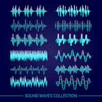 Free vector sound waves collection with audio symbols on blue background