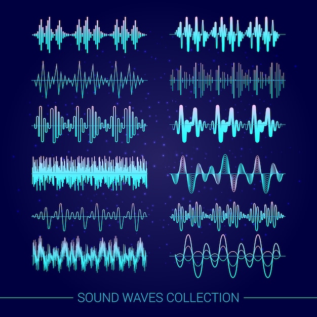 Коллекция звуковых волн с аудио символами на синем фоне