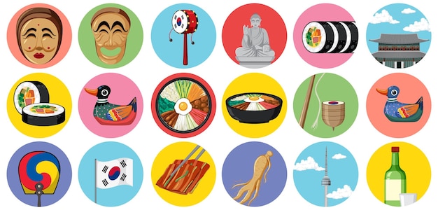 Free vector south korea element nation tradition icons set