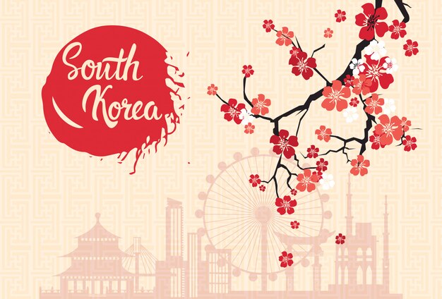 桜の花で飾られた韓国のランドマークシルエットretro Seoul Poster プレミアムベクター