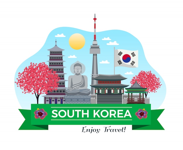 Free vector south korea tourism background composition with traditional buildings and sights with ribbon and editable text line  illustration