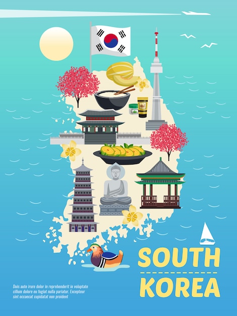 Composizione verticale nel manifesto di turismo della corea del sud con le immagini di scarabocchio sulla siluetta dell'isola con l'illustrazione del testo e del mare