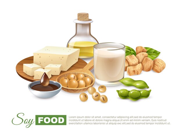 Soy food products poster with bean pods milk and meat tofu plant oil