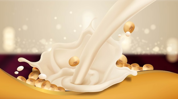 Soy milk pouring down with beans isolated on natural red field and golden banner
