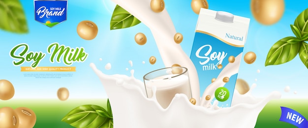 Soy milk realistic colored poster with green leaves beige soybeans and white splashes of poured drink  illustration