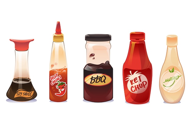 Soy sauce, ketchup and mayonnaise in bottles