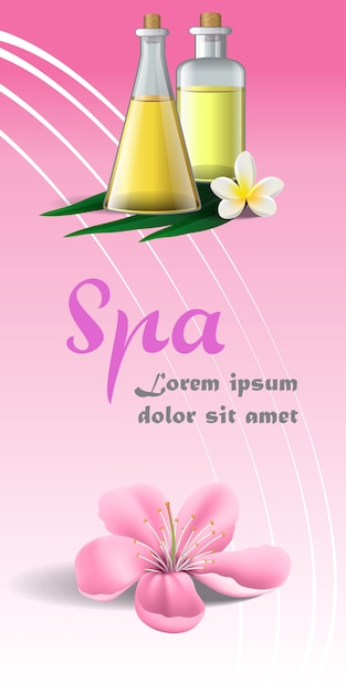 Free vector spa brochure with pink blossom, white tropical flower and massage oil