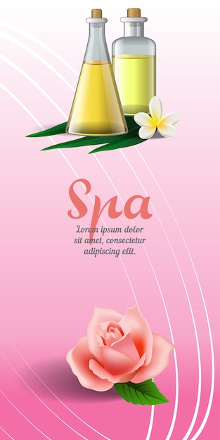 Free vector spa brochure with rose, white tropical flower and massage oil on pink background.