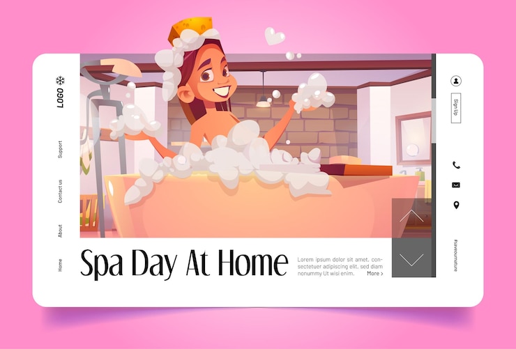Free Vector spa day at home cartoon landing page, girl washing