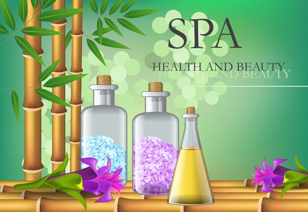 Spa, health and beauty lettering with bamboo and bottles