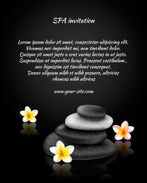 spa invitation card with stones and exotic tropical flower 