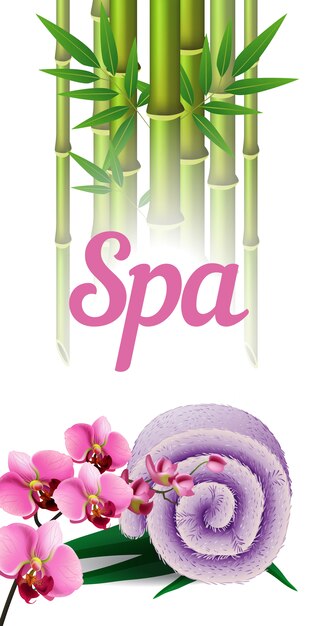 Spa lettering, bamboo, towel and orchid. Spa salon advertising poster 