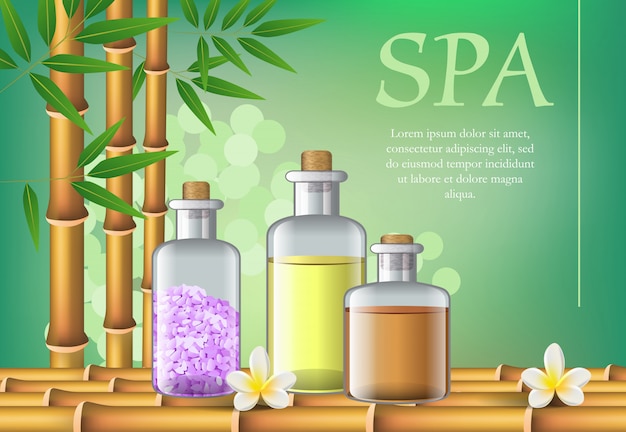 Spa lettering and oil in bottles. Spa salon advertising poster 