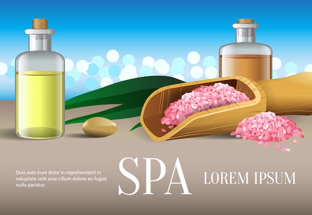 Spa lettering, two bottles with oil, salt and stone. Spa salon advertising poster