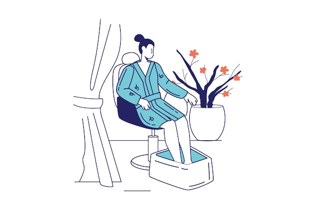 ウェブバナーのフラットラインデザインのスパサロンのコンセプト。女性が座ってリラックスできるフットバス、肌と体のトリートメント手順、現代人のシーンを受け取ります。アウトライングラフィックスタイルのベクトル図