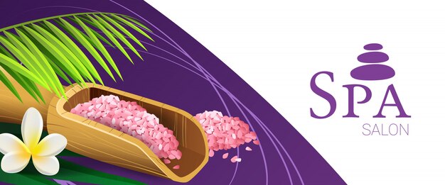 Spa salon coupon design with pink salt, wooden scoop, palm leaf and tropical flower