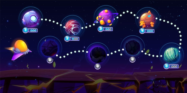 Free vector space adventure arcade game map vector cartoon illustration of night sky background with stars travel route between fantasy alien planets score stars and lock icons app user interface design