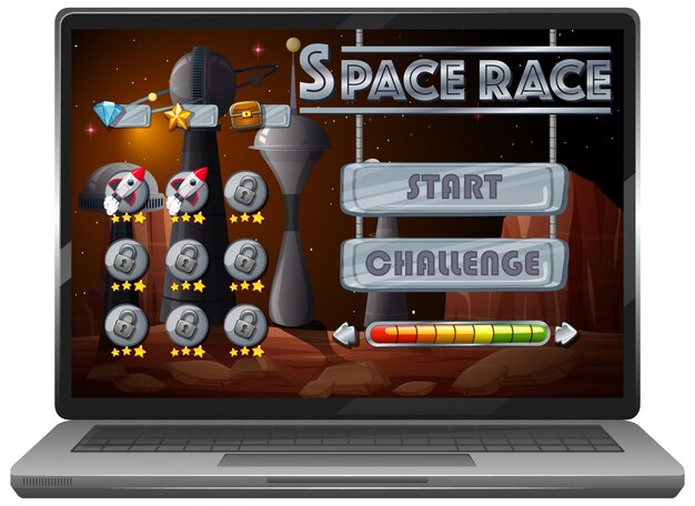 ノートパソコンの画面上の宇宙冒険ミッションゲーム
