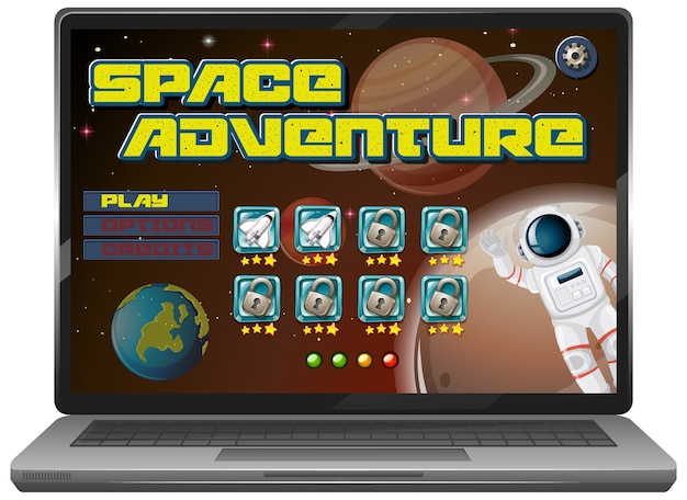 Free vector space adventure mission game on laptop screen