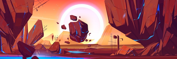 Free Vector space alien planet landscape with rocks and plasma
