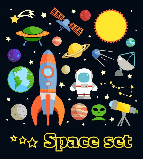 Free vector space and astronomy decorative elements set isolated vector illustration