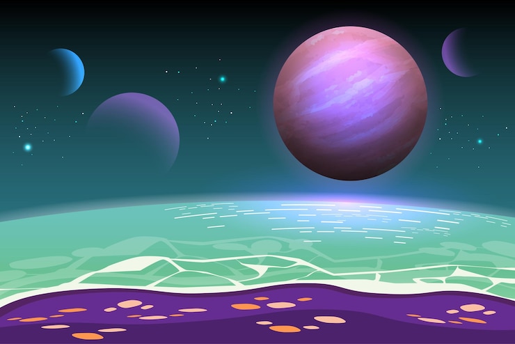 無料Vector 宇宙の背景とクレーターのある惑星表面の風景岩と土地の亀裂幻想的でエキゾチックな宇宙シーン宇宙惑星の風景シーンのイラスト