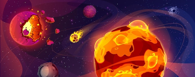 Vettore gratuito sfondo dello spazio con pianeti alieni in fiamme