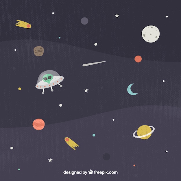 Space background with flying saucer