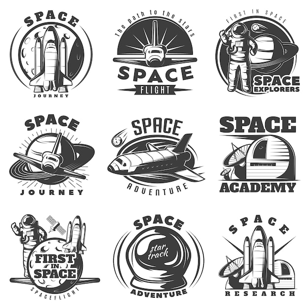 Space black white emblems of journeys and academies with astronaut shuttle scientific equipment isolated
