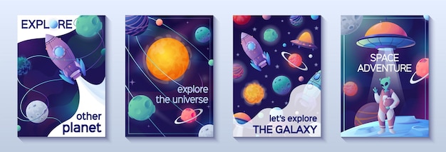 無料ベクター 宇宙と宇宙の冒険の画像ベクトル イラストを探索するテキストと 4 つの垂直ポスターの宇宙漫画バナー セット