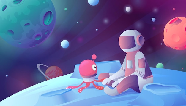 Free vector space cartoon composition with neon glowing outer space scenery and spaceman sitting on asteroid with alien vector illustration