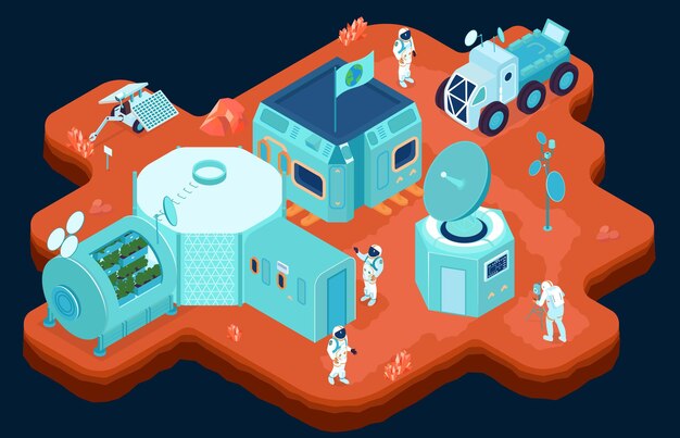 Space colonization composition with discovery and exploration symbols isometric vector illustration