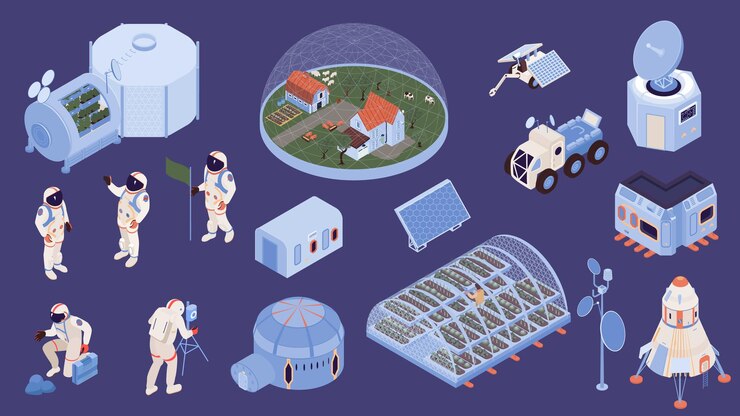 Free Vector space colonization set with settlement symbols isometric isolated vector illustration