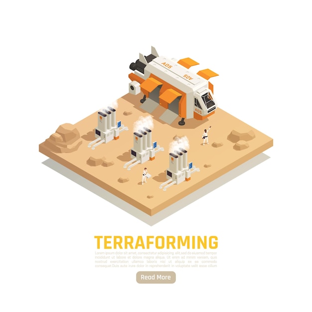 Space colonization terraforming isometric banner with flying vehicle and power plants
