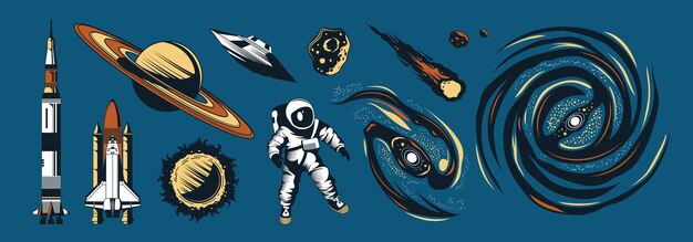 無料ベクター 青い背景のベクトル図に分離された宇宙服宇宙船ロケット彗星惑星の宇宙飛行士の宇宙色手描きセット